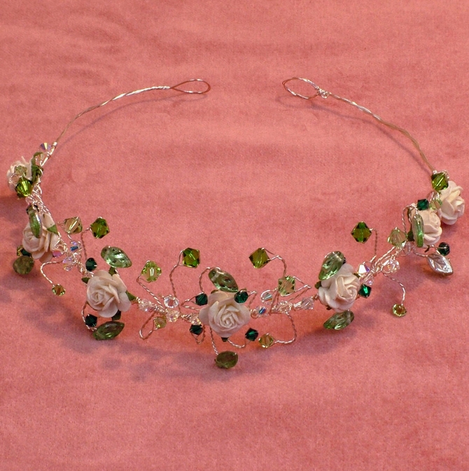 Emerald green crystal and leaf tiara with ivory roses on silver wire