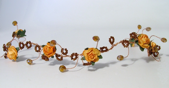 Medieval, woodland themed wedding gold hair vine with orange roses and bronze crystals