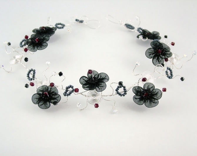 Goth wedding hair vine with black organza flowers with black and Sian red Swarovski crystals