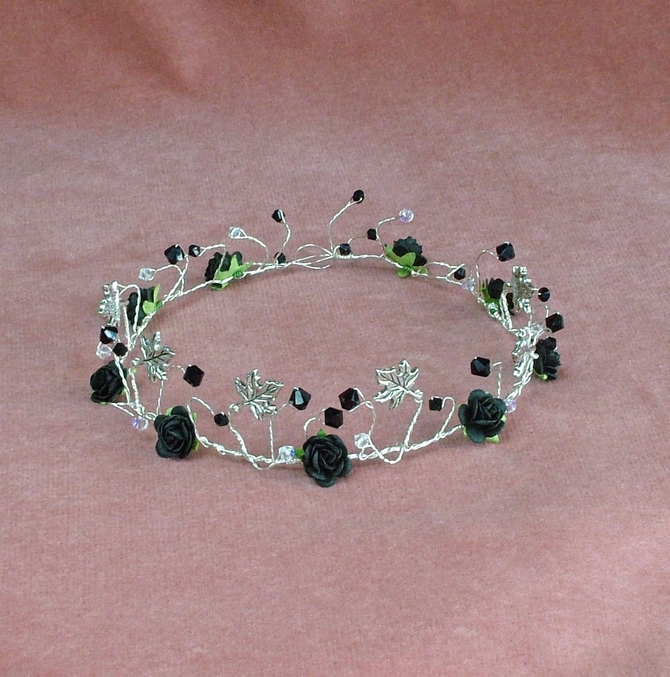 Goth wedding style hair vine on silver wire with silver ivy and black Swarovski crystals