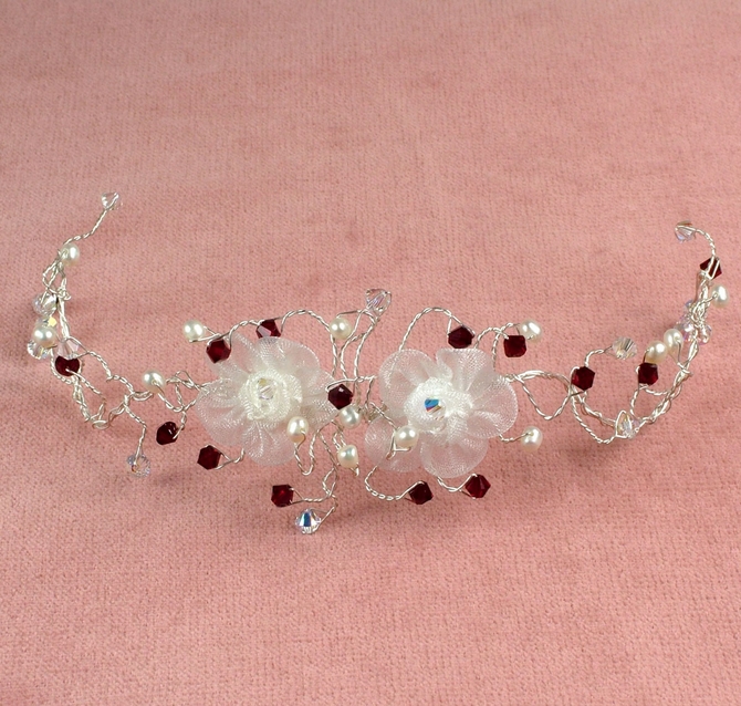 White organza flower bridal bun wrap with Garnet red crystals and Freshwater pearls