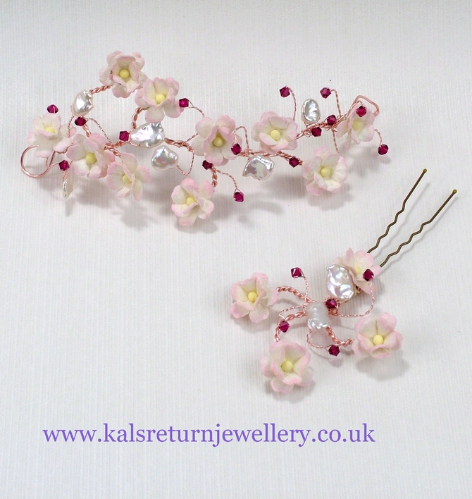 Bridal hair vine on rose gold wire with pink flowers, pearls and ruby red crystals