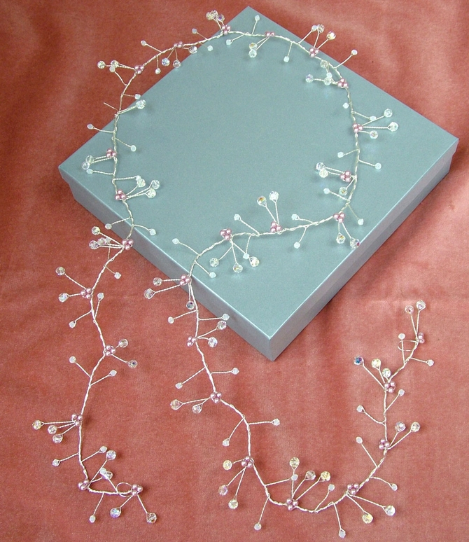 Long silver hair vine with Swarovski crystals and powder rose pearls