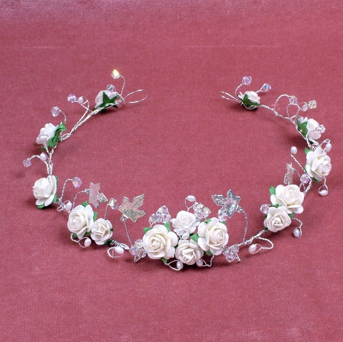 White flower winter wedding tiara with silver leaves and pearls