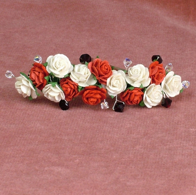 Red and Ivory rose hair barrette with Garnet Swarovski crystals