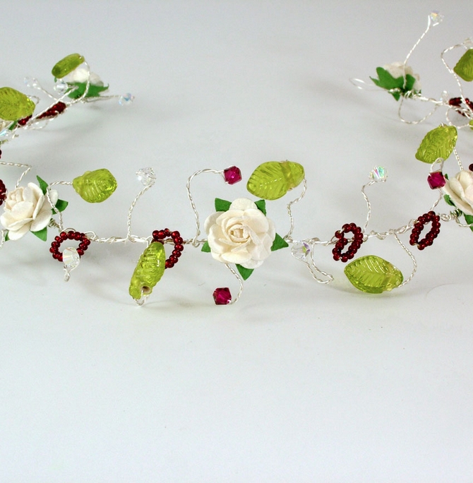 Rustic, Woodland wedding hair vine on silver wire with ivory roses, green leaves and red Swarovski crystals