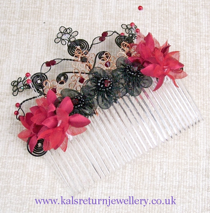 Large black and red flower Goth wedding hair comb