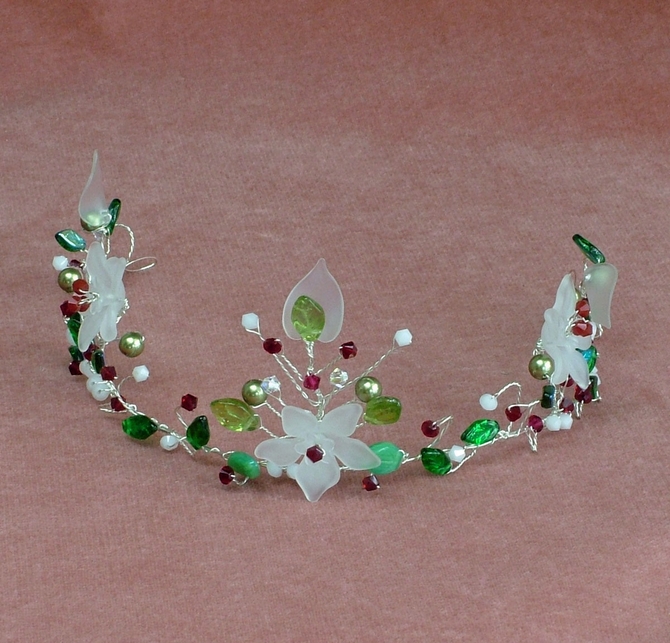 White flower tiara with red Swarovski crystals and green leaves