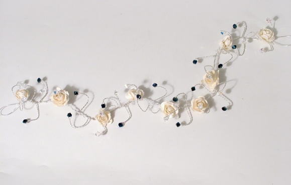 Wedding, prom hair vine with ivory roses plus metallic blue Swarovski crystals
