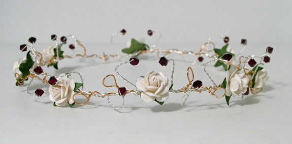 Ivory rose and garnet crystal headband