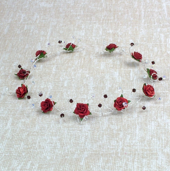 Red rose hair vine with garnet and sparkly Swarovski crystals on silver wire