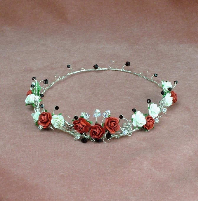 Red and Ivory rose circlet with garnet Swarovski crystals