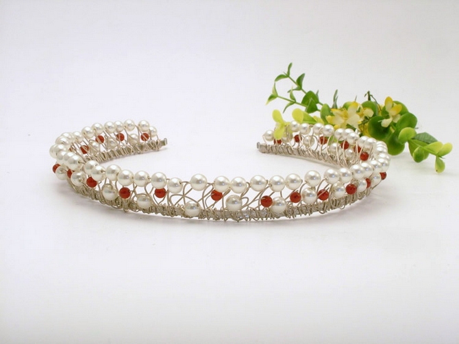 Medieval style wedding headband with silver, ivory pearls and carnelian red beads for bride or bridesmaid
