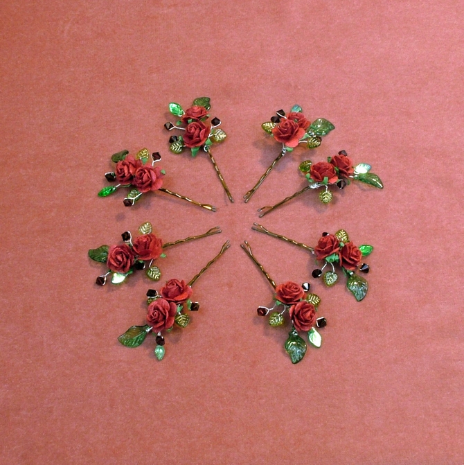Red rose hair grips with burgundy crystals and leaves