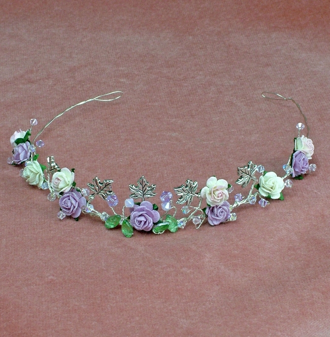 Lilac, pink and ivory rose tiara on silver wire with leaves