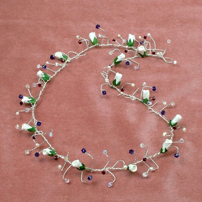 Long hair vine with ivory rose buds, purple, red and sparkly Swarovski crystals on silver wire