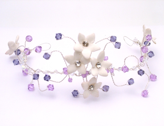 Silver hair vine with diamante flowers and Lilac / purple Swarovski crystals