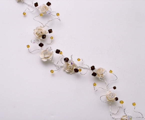 Ivory rose hair vine with topaz and mocha Swarovski crystals on silver wire
