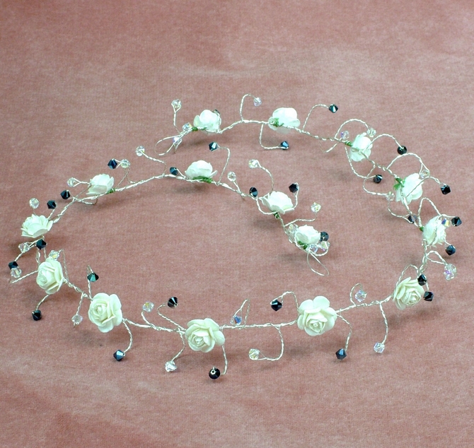 Long ivory rose hair vine with metalic blue Swarovski crystals