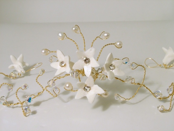 Diamante bridal hair vine with cream coloured freshwater pearls and sparkly ab Swarovski crystals