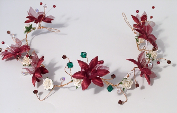 Christmas winter wedding bridal hair vine with burgundy silk flowers and ivory roses