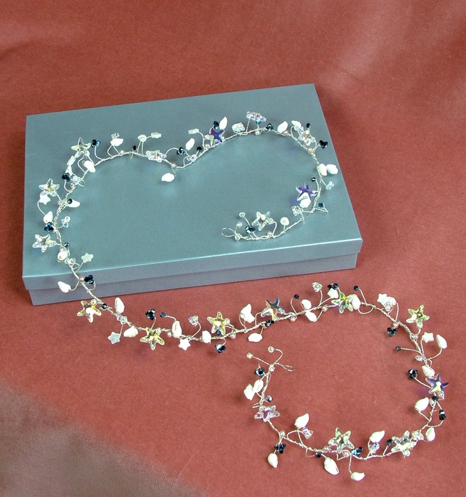 Long Beach wedding hair vine with ivory sea shells, Swarovski starfish beads plus metallic blue crystals