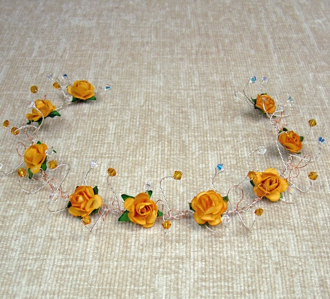 Orange yellow rose hair vine with topaz Swarovski crystals