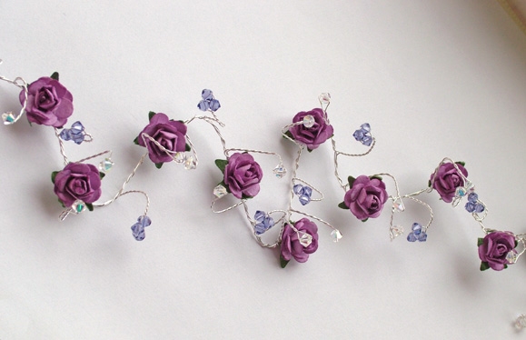 Wedding or prom hair vine with clusters of purple, tanzanite Swarovski crystals plus lilac roses