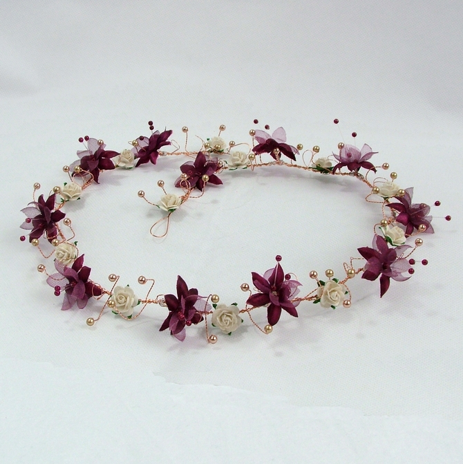 Burgundy and ivory flower hair vine with gold pearls