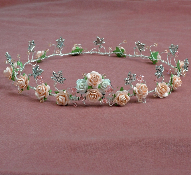 Peach and white flower rustic bridal crown