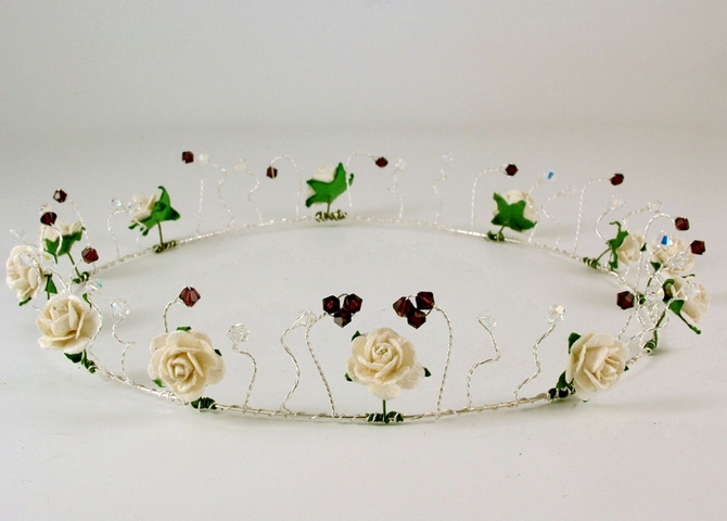 Rustic ivory rose wedding circlet, headband on silver wire with burgundy Swarovski crystals