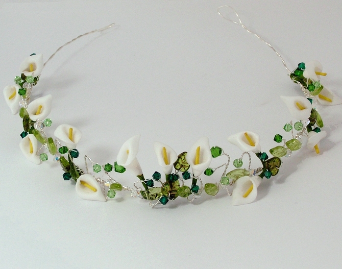 Calla Lilly tiara with leaves and green Swarovski crystals