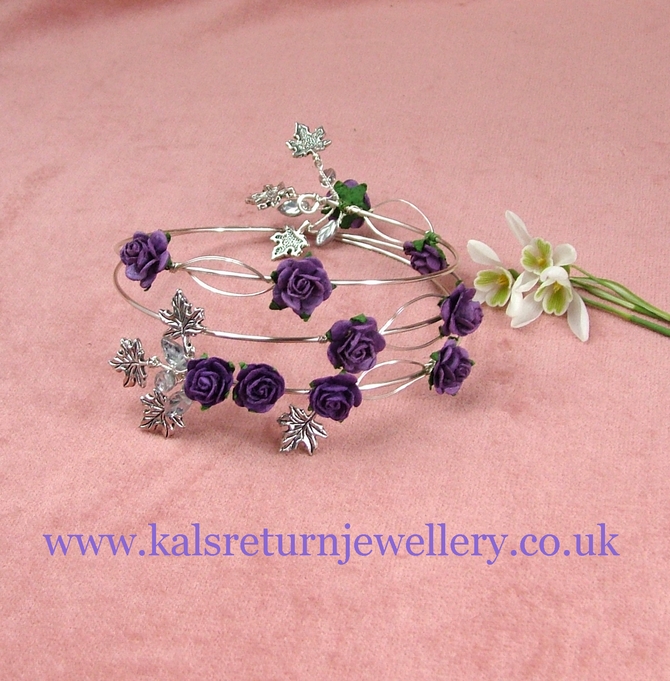 Silver arm bracelet with purple roses and Maple leaves