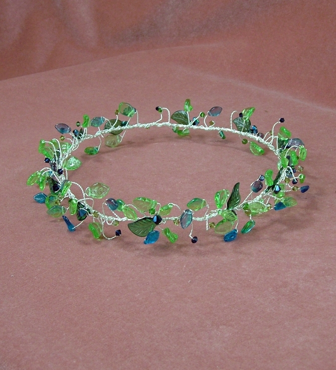 Green leaf and blue crystal headband