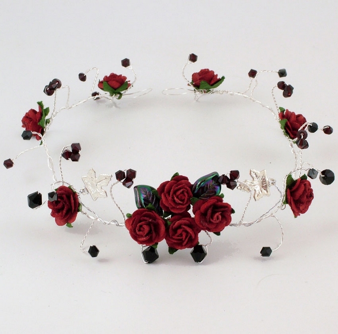 Christmas Goth wedding hair vine with red roses, garnet and black Swarovski crystals on silver wire