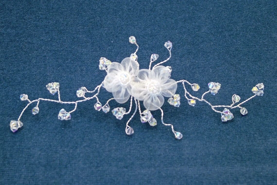 Silver hair vine with white organza flowers and clear ab Swraovski crystals