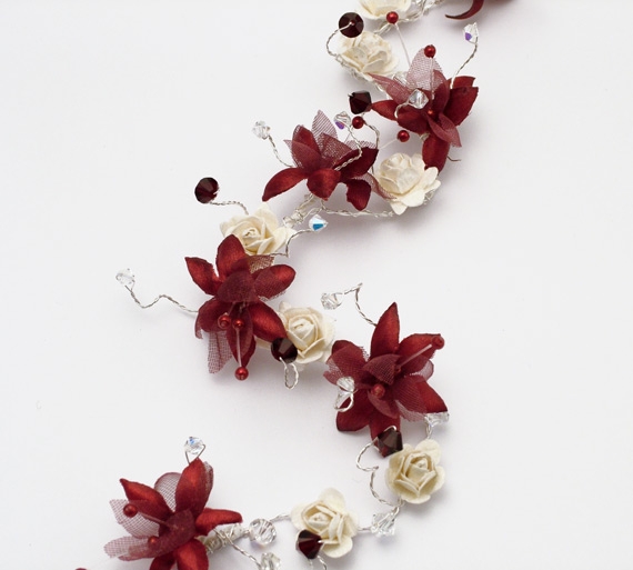 Handmade bridal hair vine for Christmas or winter weddings on silver wire with burgundy silk and feather flowers, ivory roses plus burgundy Swarovski crystals