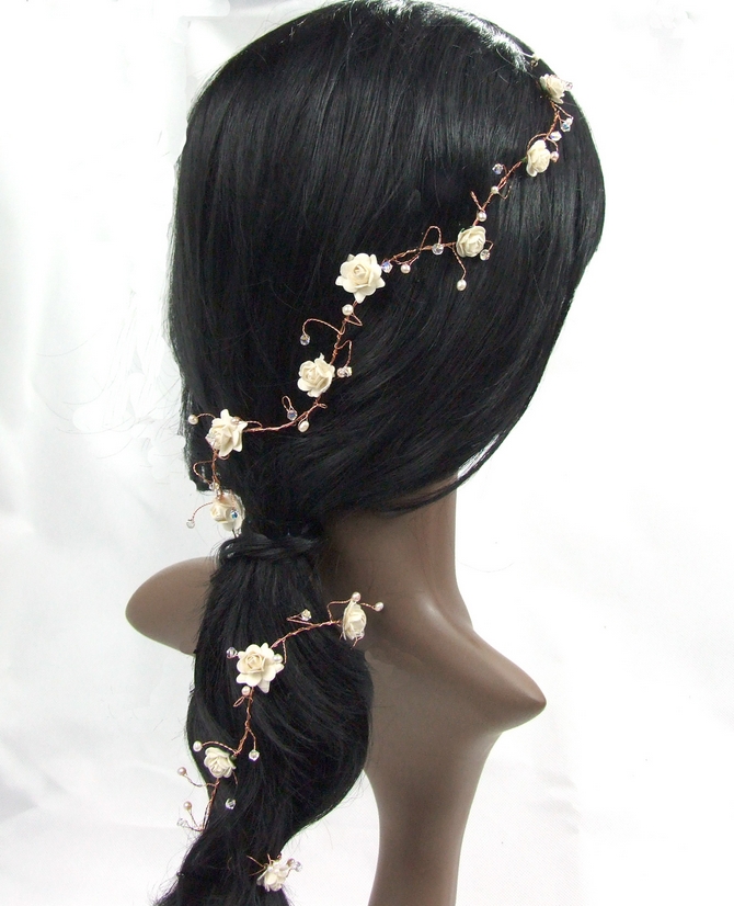 Long bridal vine, gold wire with ivory roses, pearls and crystals