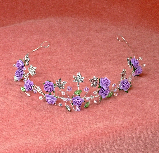 Lilac rose tiara with violet lilac Swarovski crystals and silver leaves