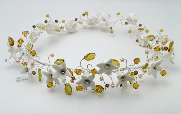 White diamante flower and rose wedding hair vine with topaz Swarovski crystals, yellow and gold leaves and freshwater pearls.